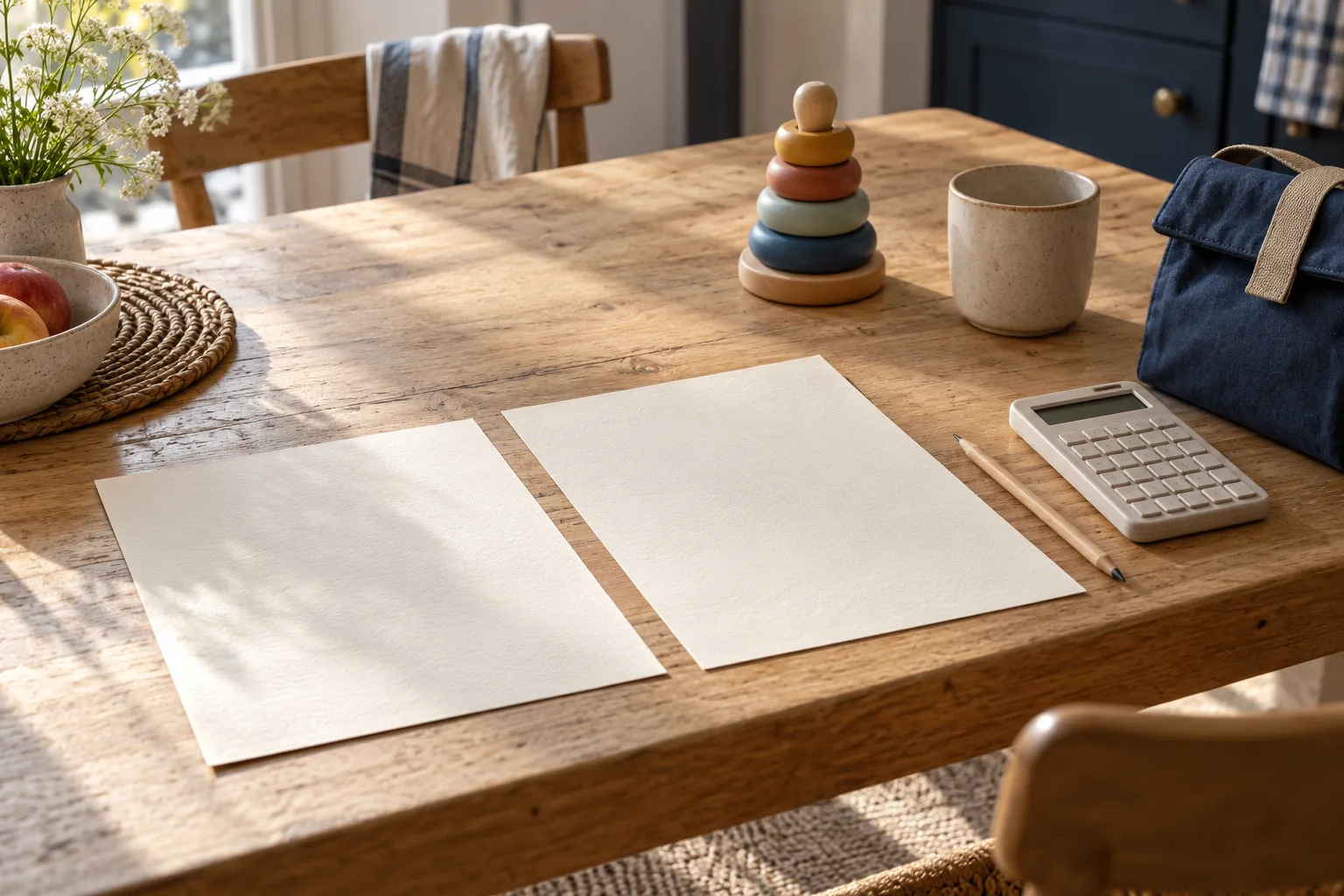 Carnet, calculatrice et cubes d’enfant sur une table pour illustrer un budget familial