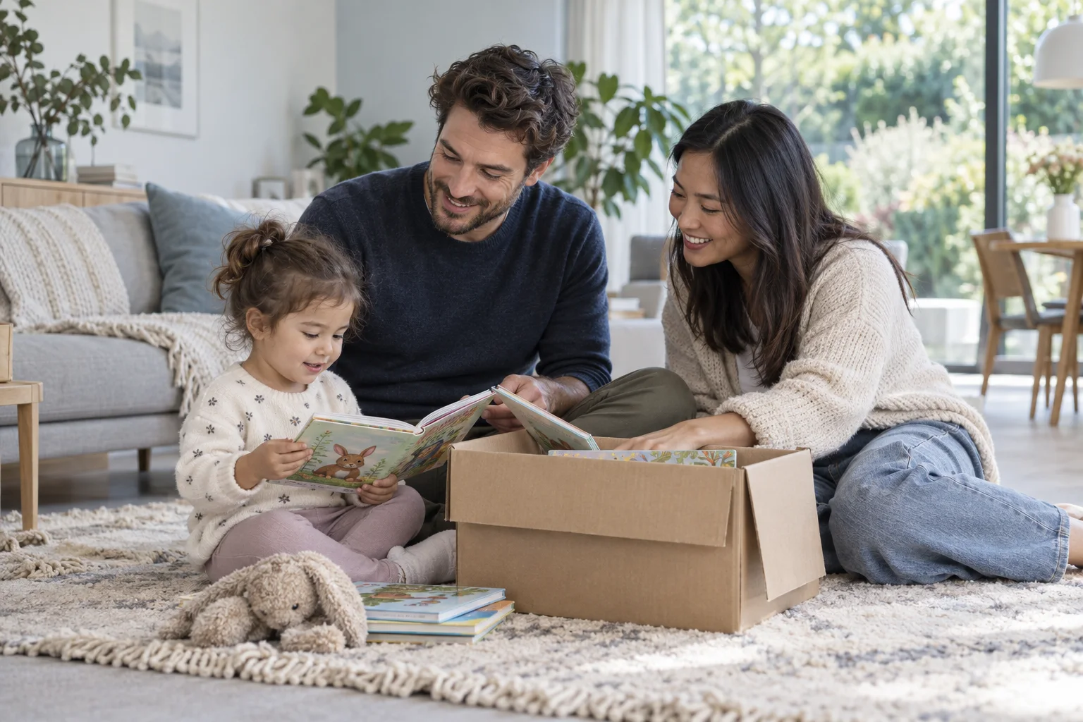 Two adults and a child looking at picture books beside an open box