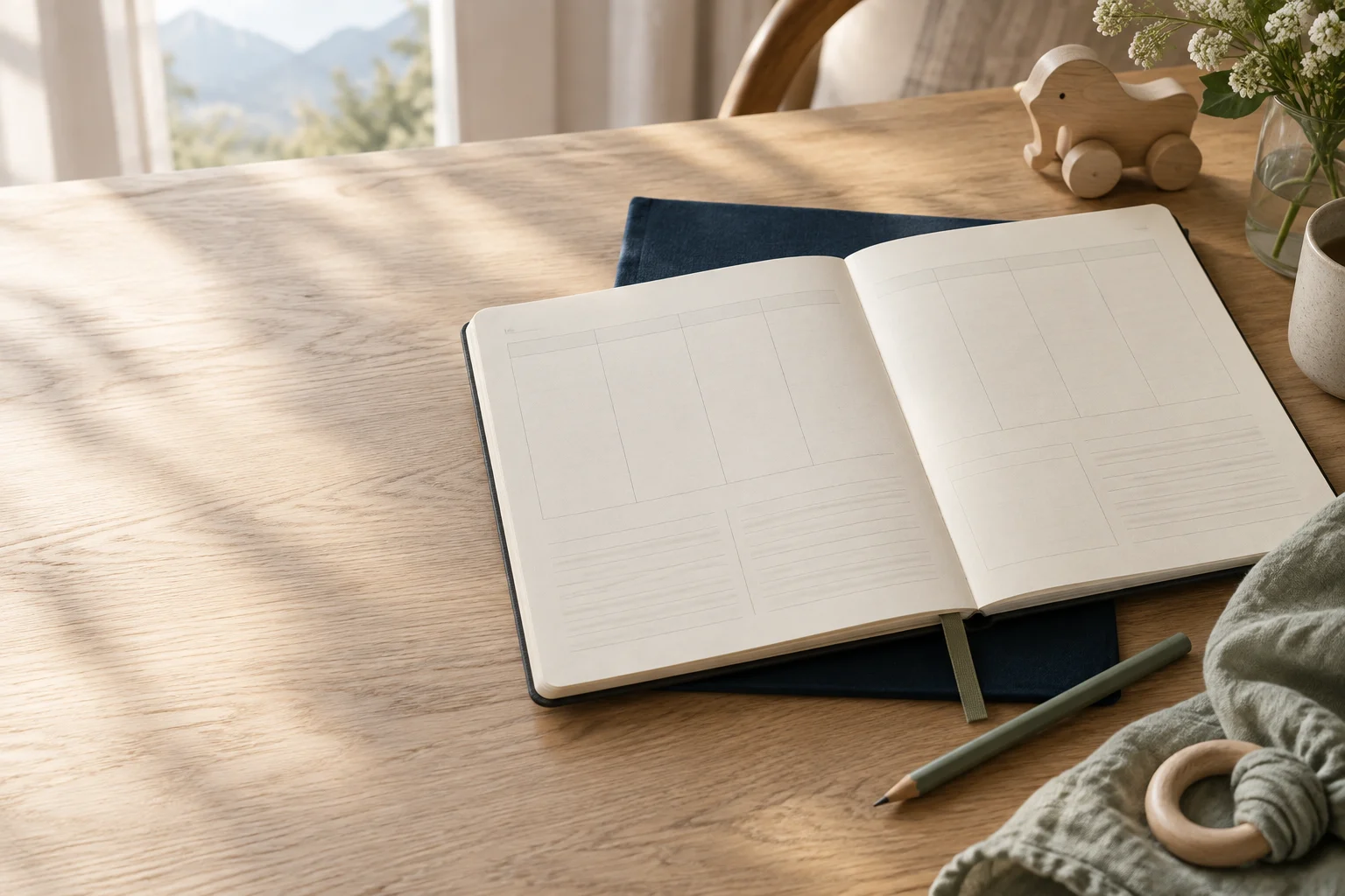 Open family workbook on a light wooden table